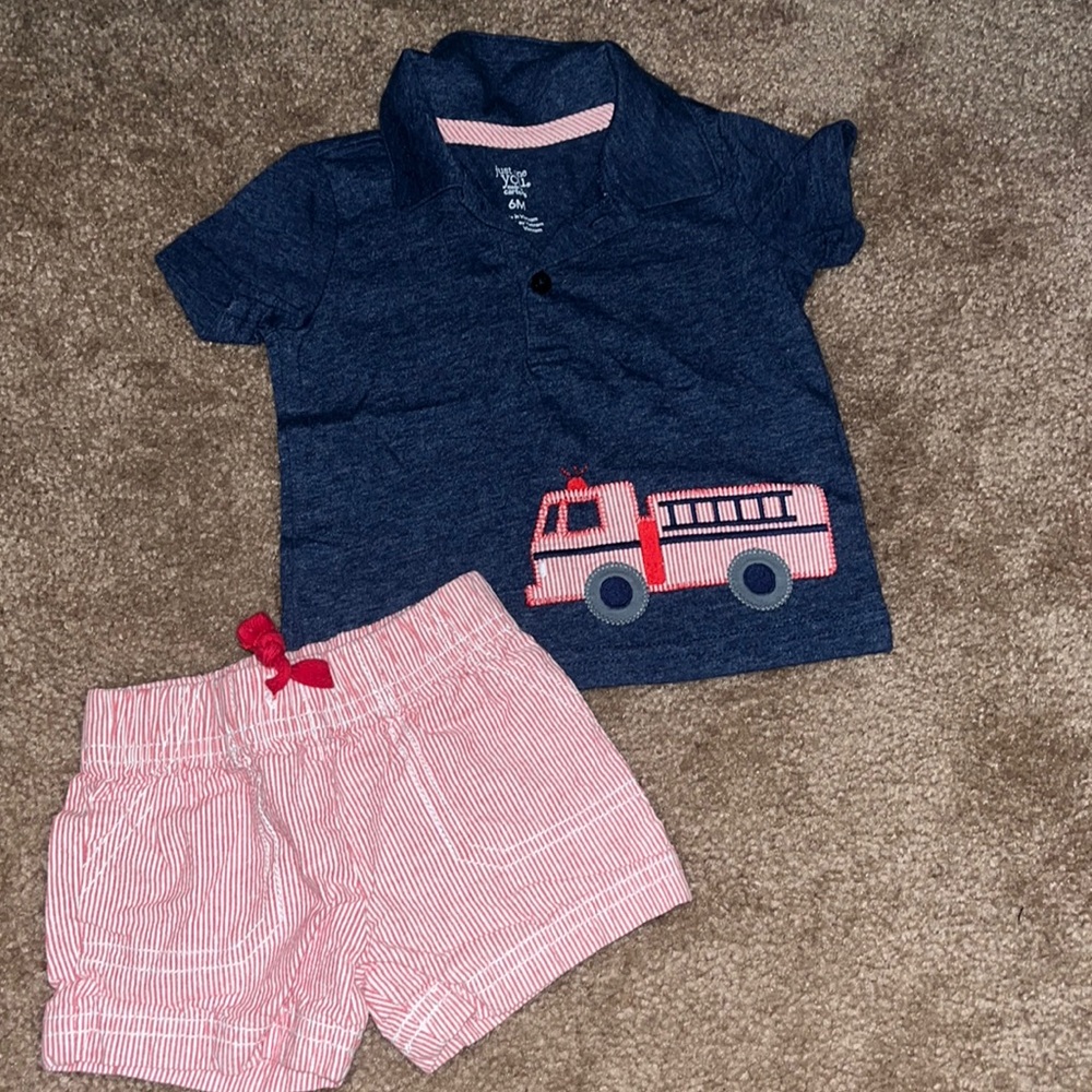 6 month boys fire truck polo+shorts set